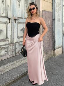 Jeta Ari 女士纯色高腰鱼尾下摆优雅时尚半身裙，女士生日半身裙，女士超长半身裙，女士生日半身裙，女士夏季服装，紫色缎面优雅超长半身裙 - 淺粉色 - 查看 4