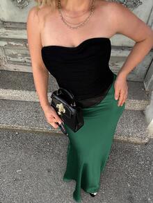 Jeta Ari Women Elegant Solid Satin Maxi Skirt - Army Green - View 5