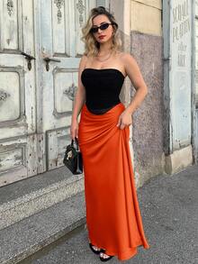 Jeta Ari 女士纯色高腰长款鱼尾下摆优雅A字裙 - 亮橙色 - 查看 4