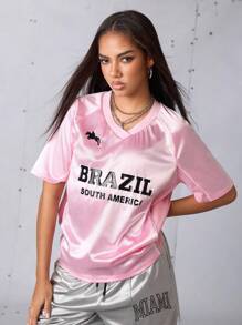 Streetz SHEIN Sport Women's Light Pink Summmer Athleisure Graphic Workout Brazil Letter Striped Jersey,Y2k Soccer Basketball Sports Outfit Athletic Matching Set Clothes - Pink - View 2