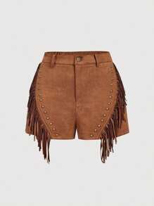 SHEIN MOD Vintage 70s Asymmetric Placket Shorts With Fringe Trim, Nomad Apparel, Bohemian Style, Western Wear, Date Party, Holiday , Country Concert Fringe Shorts Western Shorts Tassel Shorts Cowgirl Shorts Brown Suede Shorts - Khaki - View 3