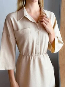 EURMUSE Vestido curto elegante de linho com botões frontais e elásticos, para mulheres - Bege - Ver 5