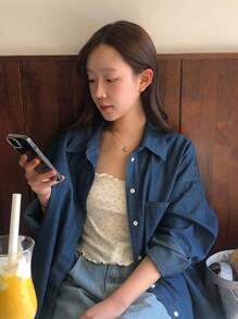 DAZY 女士分层设计独特牛仔衬衫、通勤休闲上衣、牛仔夹克、秋季女装 - 深色水洗藍 - 查看 3