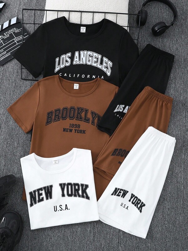6pcs/Set Boys' Casual Loose Solid Color English Print Short Sleeve Shorts Pajama Set