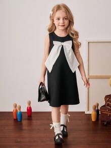 PrepCrw Young Girls' Elegant Sleeveless Round Neck Black Dress With Bow Decor,Summer Birthday Kids A-Line Formal Black And White Dress - Black and White - View 5