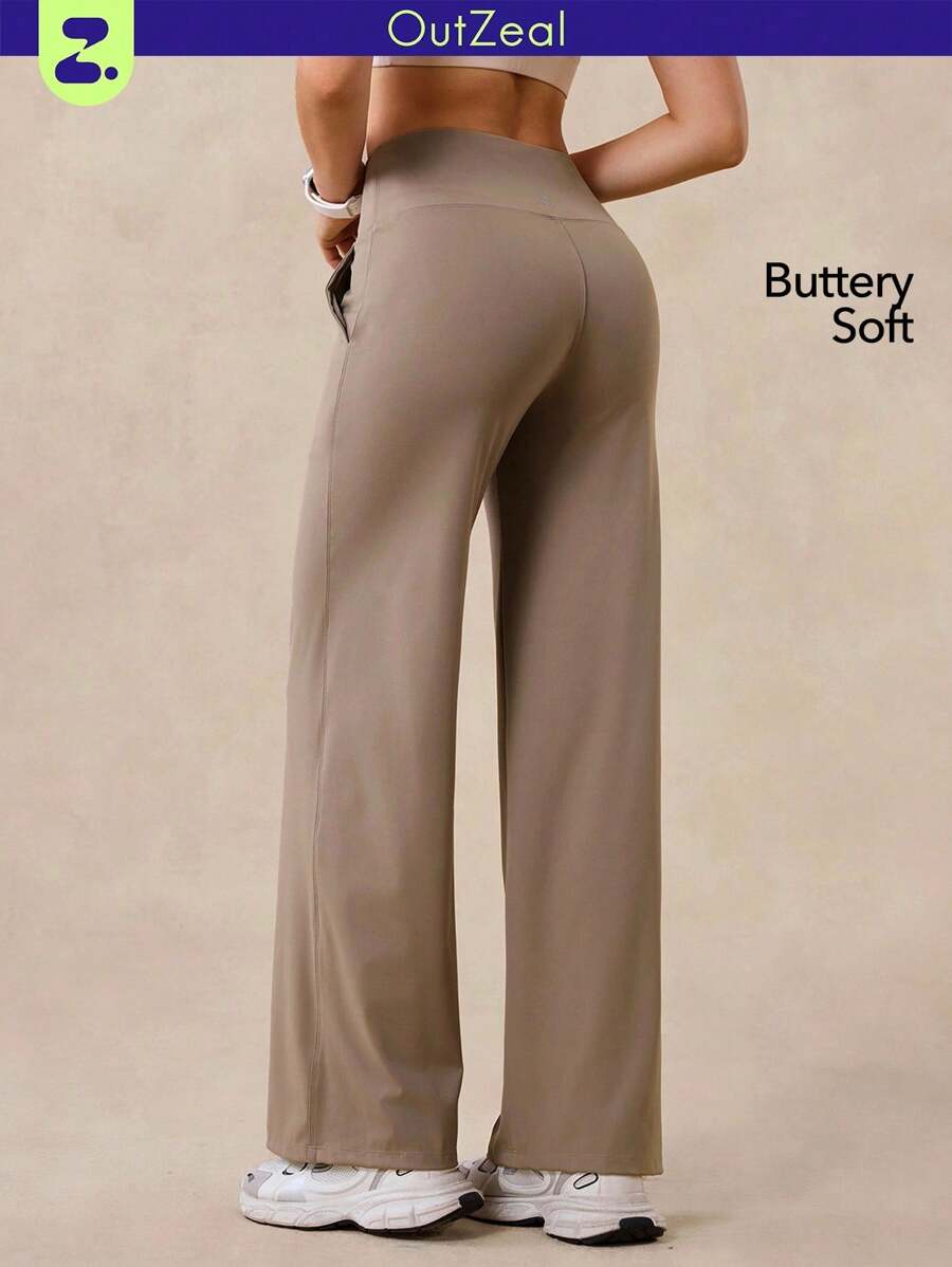 OutZeal 女士运动裤 日常休闲居家服 柔软针织面料 吸汗速干 高腰直筒裤型 带口袋 - 卡其色 - 查看 1
