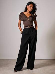 COSMINA Women's Elegant Off Shoulder Metal Buckle Blouse Dark Brown Top Brown Tops For Women Coffee Brown Top - Brown - View 3