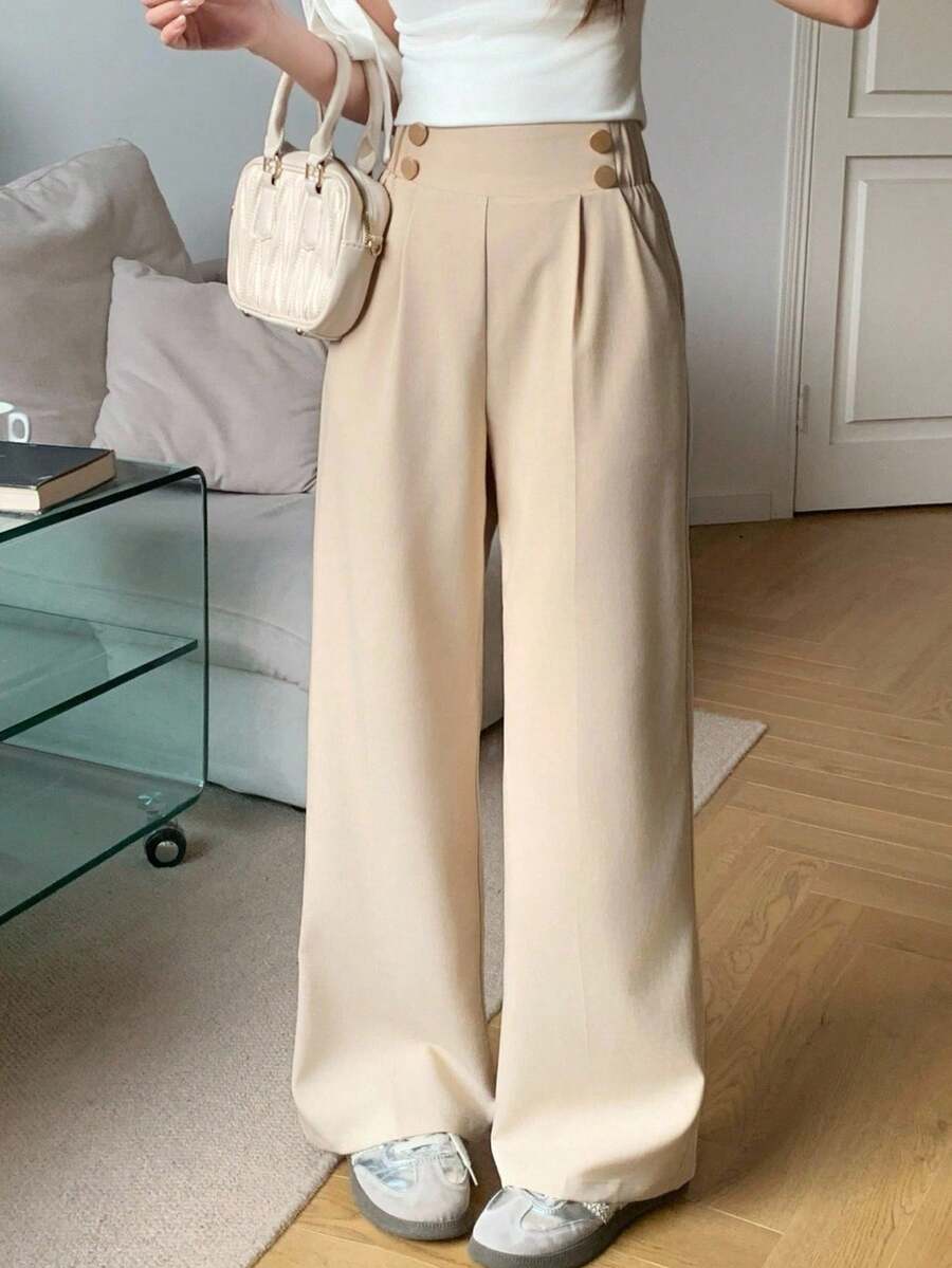 SHEIN 少女下装优雅直筒办公室裤，双扣秋季服装，办公室警笛，商务女孩服装，优雅轻松别致必备， - 杏色 - 查看 1