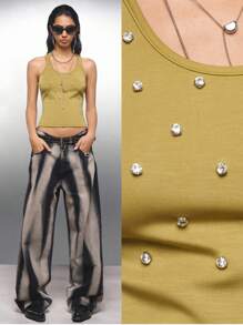 LYSMO Women's Mustard Yellow Rhinestone Decor Cropped Tank Top,Summer Night Out Fashion Round Neck Diamante Vest,Grunge Punk Y2K 2000s Streetwear Chic - Green - View 1