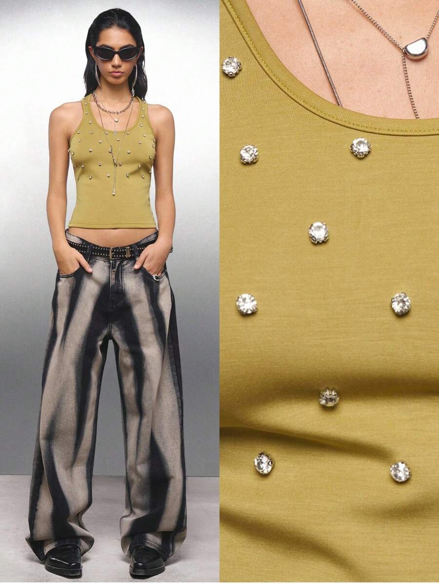 LYSMO Women's Mustard Yellow Rhinestone Decor Cropped Tank Top,Summer Night Out Fashion Round Neck Diamante Vest,Grunge Punk Y2K 2000s Streetwear Chic - Green - View 1