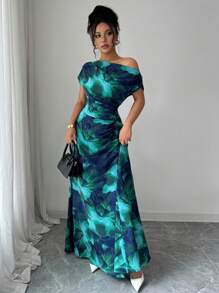 Elenzga Women's Contrast Color Floral Print Asymmetrical Neck + Waist Ruched Dress - Green - View 3