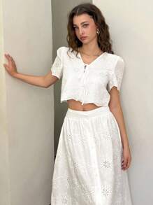 DAZY 女士V领短袖镂空裙两件套 - 白色 - 查看 3
