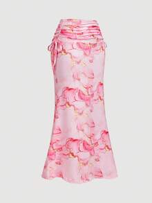 SHEIN MOD Pink Slim Fit Mermaid Hem Long Skirt With Side Drawstring Details, Date, Party, Prom, Birthday, Tea Party Attire, Date Wear,Halloween Clothes Women,Holiday Outfits For Women