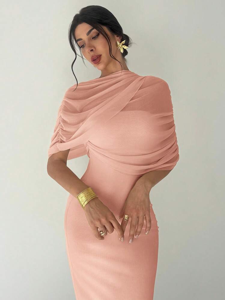 Firerie Vestido ajustado con cuello de volantes, cintura plisada y asimétrico en color amarillo sólido elegante y romántico, atuendo para playa, aeropuerto, vacaciones, maestras, otoño para mujeres - Rosa - Añade 2