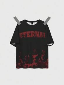ROMWE MEN Street Life Men's Black & Red Flame Letter Print Short Sleeve T-Shirt - Multicolor - View 1