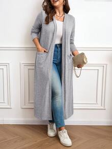 EMERY ROSE Áo khoác tay dài trơn đơn giản, thanh lịch, rộng rãi, cỡ lớn, có túi, phù hợp cho mùa xuân/thu, giáo viên, trở lại trường học - Xám - Xem 3