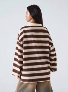 LYSMO 2025 Nuevo Llegado Minimalismo Otoño Mujer Camiseta casual holgada de cuello polo de manga larga con hombros caídos a rayas para salir, volver a la escuela, graduación, ropa urbana, grunge y punk chic, estilo Y2K y Estocolmo, mujer con estilo y maestra única, aeropuerto y viaje para mujer, blusas de otoño