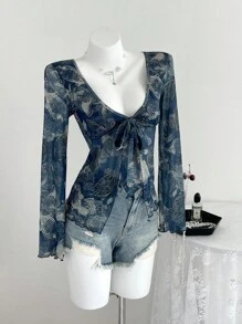 Elamini 1 件海军蓝复古网眼佩里斯印花系带 V 领收腰长袖 Y2K 女士休闲衬衫，春秋款 - 藏蓝色 - 查看 4