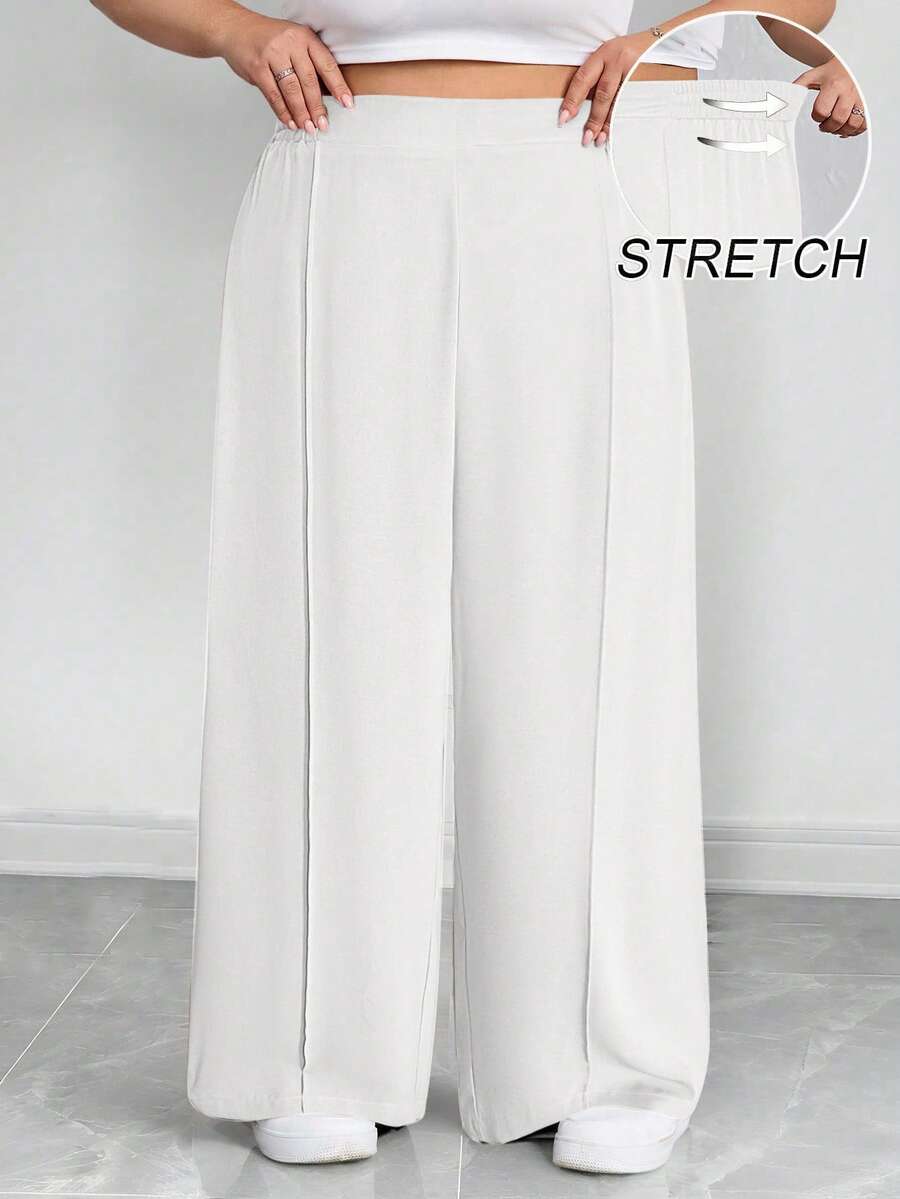 SHEIN CURVE+ Plus Size Women's Solid Color Pleated Pants, Black Loose Wide Leg Pants, Curve Plus, Boho Vacation - White - View 1
