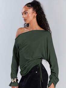 Athîral 女士休闲纯色不对称领抽绳上衣，秋季 - 墨綠色 - 查看 2