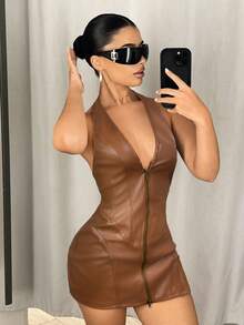 SHEIN ICON 深 V 领挂脖拉链前身修身迷你 PU 连衣裙 - 棕色 - 查看 4