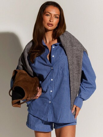 Athîral 女士休闲通勤格子衬衫和短裤两件套