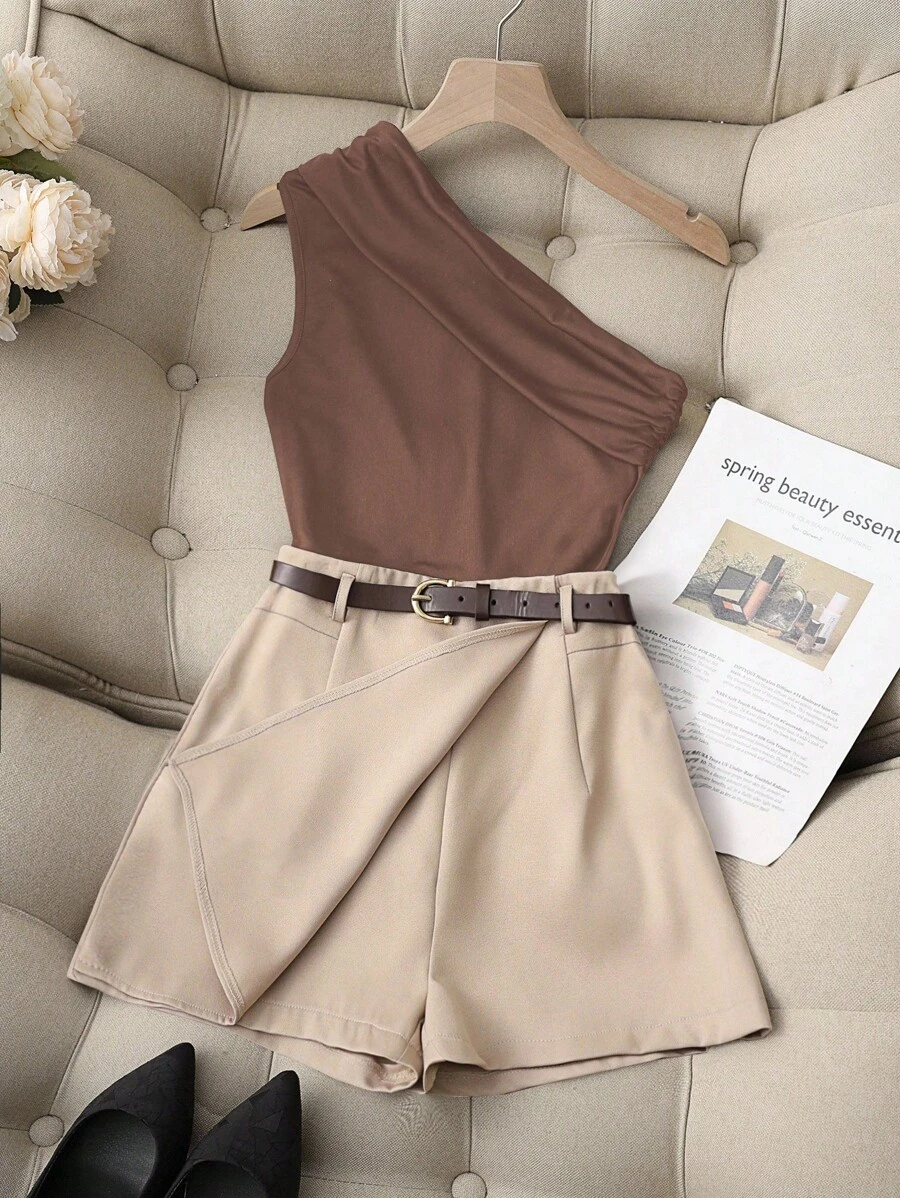 Franclia 休闲时尚百搭通勤高弹纯黑色单肩褶皱上衣搭配卡其色假口袋半身裙裤，配腰带，女士两件套，适合大学穿着 - 彩色 - 查看 1
