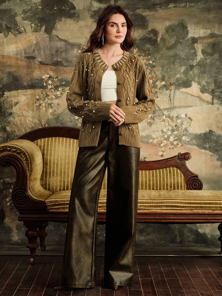 Women's Crew Neck Heavy Beaded Diamond Textured Knit Cardigan