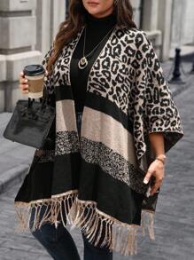 EMERY ROSE Plus Size Casual Color Block Leopard Print Tassel Hem Cardigan, Autumn/Winter Fall - Multicolor - View 3
