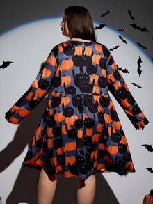 SHEIN CURVE+ Plus Size Women Halloween Pumpkin Print Long Sleeve Loose Casual Smock Dress/Autumn /Winter - Multicolor - View 2
