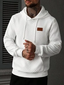 Manfinity Homme 男士休闲百搭连帽卫衣，饰有精美贴片，白色绗缝连帽衫，秋季长袖上衣 - 白色 - 查看 5