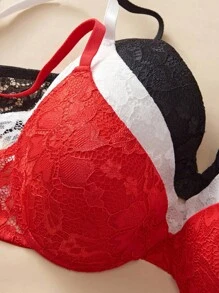 SHEIN 3 件套基本款休闲女士内衣套装，蕾丝拼接加厚聚拢文胸 - 彩色 - 查看 6