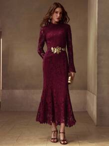 MOTF PREMIUM ELEGANT STAND COLLAR BIAS CUT DRESS - Burgundy - View 4