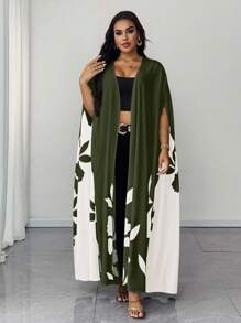 SHEIN Unity Áo khoác tay lửng họa tiết hoa chắp vá màu tương phản cỡ lớn - màu xanh lá - Xem 3