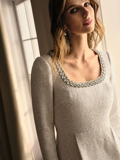 MOTF PREMIUM TWEED RHINESTONE TRIM DRESS