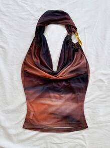 Soleia 女士性感复古渐变印花网眼打结吊带背心，修身剪裁，适合度假、约会、下午茶、海滩、游轮、城市旅行、海岛度假、音乐节、波西米亚度假，可内外穿着 - 棕色 - 查看 2