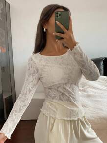 DAZY Semi-Sheer Botanical Print Jacquard Fabric Fitted White Long Sleeve Sleep Top With Built-In Bra For Women Pajama - Apricot - View 7