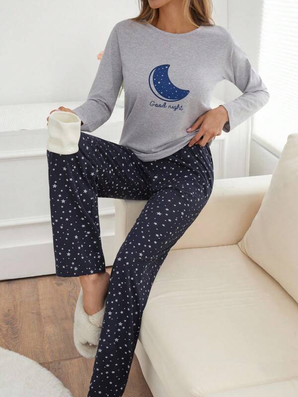 SHEIN Conjunto de pijama plus size manga comprida com camisa com letras e estampa de estrela em contraste com calça com acabamento em alface