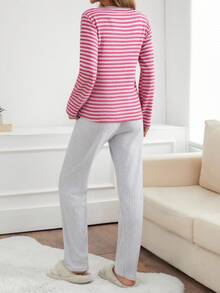 EURMUSE Set pigiama da donna composto da 2 pezzi, maglia a maniche lunghe con ricamo a lettere e pantaloni a costine a righe, comodo abbigliamento da casa e relax