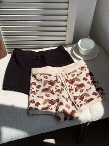 Comfortcana 2 件女式秋季休闲西部抽绳腰豹纹针织短裤套装，返校，豹纹短裤，猎豹动物印花短裤，返校女装，波西米亚女装，哥特女装 - 彩色 - 查看 4