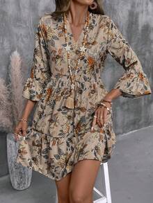 EMERY ROSE Women's Floral Print Cutout V-Neck Ruffled Hem Long Sleeve Mini Dress,Summer Dresses For Women Casual Dresses For Women Holiday Outfits Summer Holiday Outfits Ountry Concert Outfit  Country Dress For Women - Multicolor - View 7