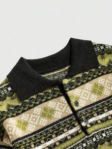 ROMWE MEN Street Life Men's Casual Button-Up Jacquard Knit Sweater - Green - View 3