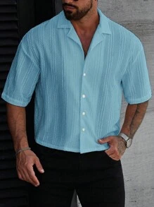 Manfinity Homme Camisa casual de verano para hombre de unicolor, de manga corta y de solapa única para uso diario - Celeste - Ver 3