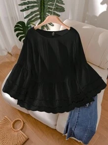 CosyJoli 大码女式夏季休闲镂空蕾丝拼布黑色衬衫，适合度假 - 黑色 - 查看 6