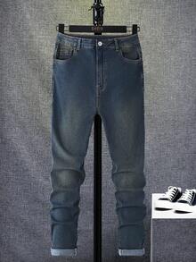 SHEIN Calça jeans folgada e confortável para adolescente, estilo vintage Y2K, ideal para o dia a dia escolar, faculdade, com estampa gótica de caveiras e patchwork, perfeita para o Halloween. Ideal para usar em casa, festivais rave e até mesmo em casa. Perfeita para o inverno e outono. - Azul - Ver 3