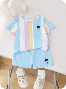 SHEIN Leap Crew 2pcs/Set Baby Boy/Girl Cute Summer Casual Vacation Knit Striped Short Sleeve Top And Elastic Waist Shorts Set - Multicolor - View 1