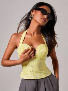 COSMINA Áo cánh cổ yếm Jacquard thanh lịch dành cho nữ - Màu vàng - Xem 1