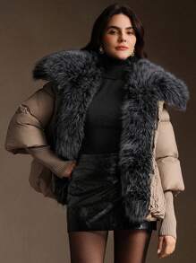 Anewsta Áo khoác dày cao cấp sang trọng có cổ tay áo dệt kim và cổ áo lông thú giả cỡ lớn, thích hợp cho mùa thu, mùa đông, đi chơi, thanh lịch, trang trọng, tiệc tùng, sang trọng, năm mới, áo khoác mùa đông nữ, giáng sinh, công sở, tốt nghiệp, đám cưới - Màu Khaki - Xem 4