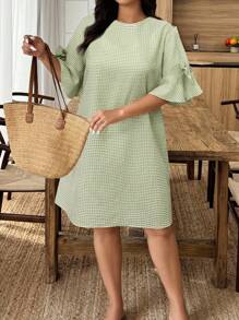 Weeklong Váy suông dáng suông kẻ caro cổ tròn tay loe dáng rộng cho nữ cỡ lớn - màu xanh lá - Xem 1