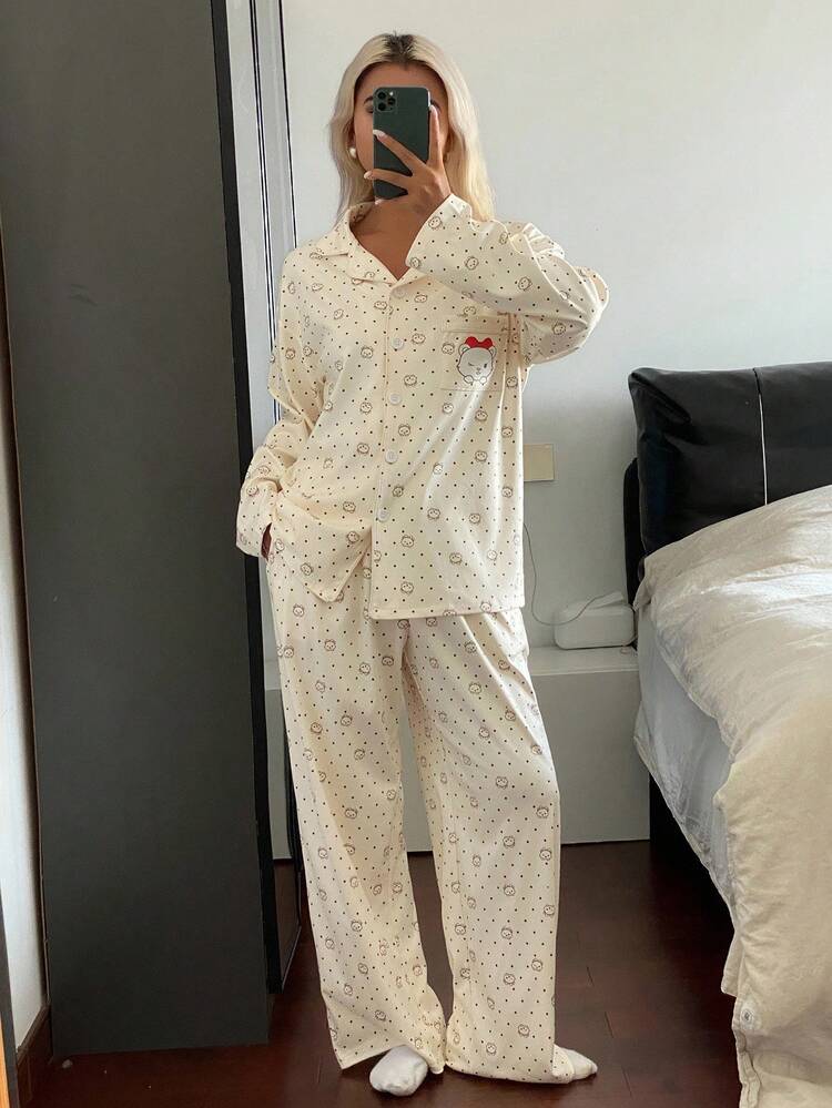2pcs Women Loose Fit Cat Print Long Sleeve Top & Pants Pajama Set, Fall Clothes